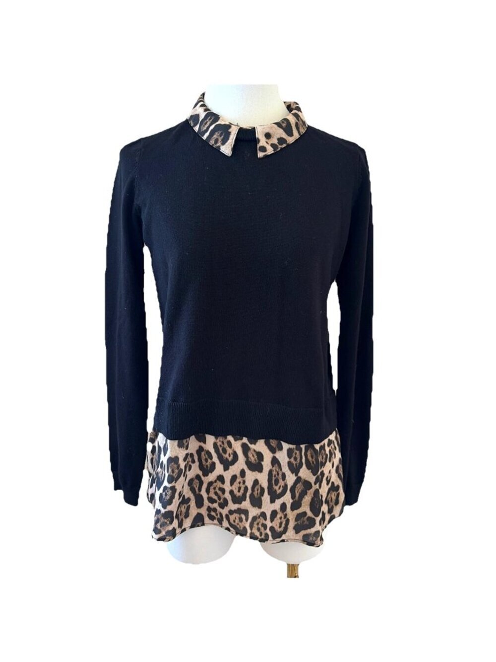Y2K Marled Layered Look Sweater Women's S Black Animal Print Peter Pan Collar